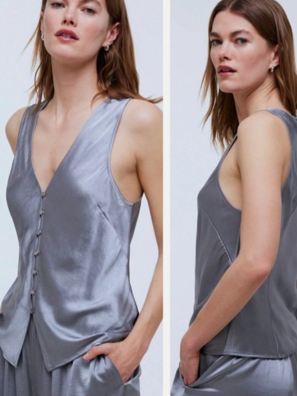 Madewell Silver Satin Button Front Vest Top Women’s Sleeveless V Neck
